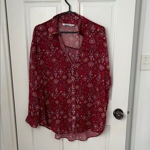 Women's Red Printed Button-Up Blouse